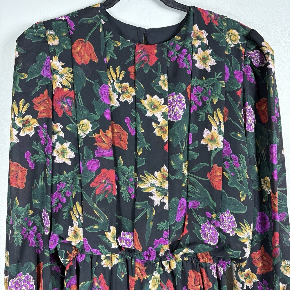 In The Mood Women's 14 Black Floral Pleated Sheer Puff Long Sleeve Dress VTG